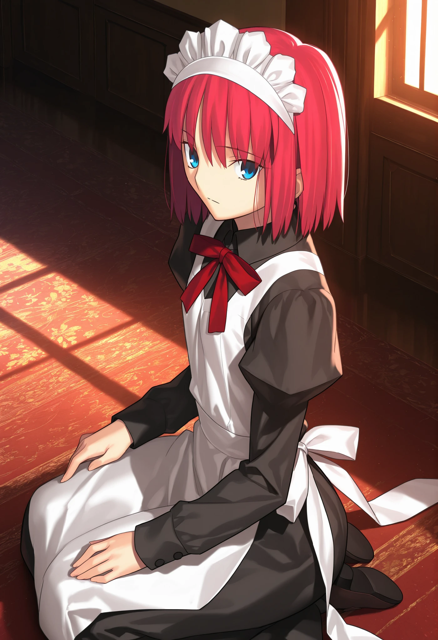 masterpiece, , absurdres, highres, detailed background, high resolution, masterpiece, necessary, detail, best quality, quality, necessary, details, High details, Precise, dark, indoors, school, day, from above, from back, upper body,
1girl, , Takeuchi Takashi (type-moon,tsukihime) style, takeuchi takashi style, solo,
girl, (hisui (tsukihime), light blue eyes, light red hair, short hair, bob cut, maid headdress, neck ribbon, red ribbon, juliet sleeves, maid, maid apron, collared dress), (tsurime), upturned eyes, (seiza), expressionless, ,
(black dress shirt, white apron), , dark red ribbon, small breast, flat chest, , looking back, ,
