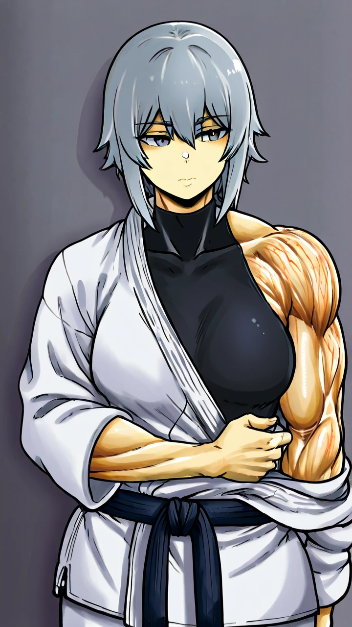 1girl, alone, Saiyan,spiky white hair, green eyes, defined muscles, thin waist, wide hips, dark skin, medium breasts, no clothes, nude, bobs, futanari, girl with big boy dick tuck in the genital , girl with boy dick, dick glued to your crotch