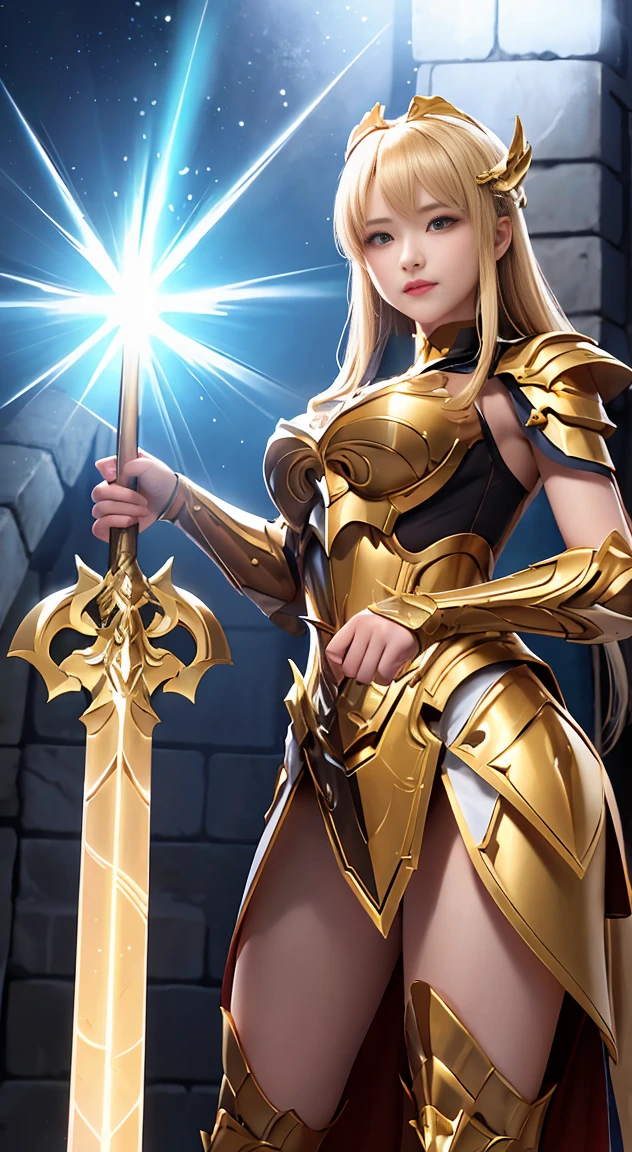 full body picture Unreal Engine 5 8K UHD a woman in golden armor holding a sword and standing in front of a column, golden goddess athena, blonde goddess, angelic golden armor, golden armor, light golden armor, golden goddess , goddess venus athena, stunning goddess giant shot, elegant gold armor , gold armor, roman goddess, extremely detailed goddess, gold armor, greek goddess athena, bright heaven environment, best quality, masterpiece
