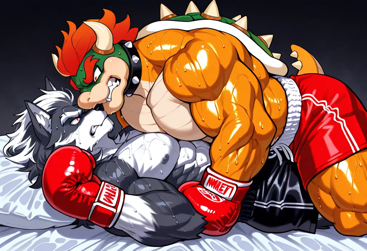 Duo male(Bowser vs Bowser, handsomes, perfect eyes, Thick eyebrows), gay(sitting on his penis, legs on legs, cuddling embraced from behind, in a bed match), hot(Shirtless), handsomes(They are handsomes, correct ???????), musculosos(Big muscle bodies, Six packs, muscle abs, big pecs, muscle backs, muscle legs), sweaty(very sweaty wet bodies, shiny sweat), tatuajes(they have tattoos), Angry(Both have an angry expression), Boxing gloves(They both are wearing red boxing gloves), naked(NSFW, Both naked, penis), Hight resolution
