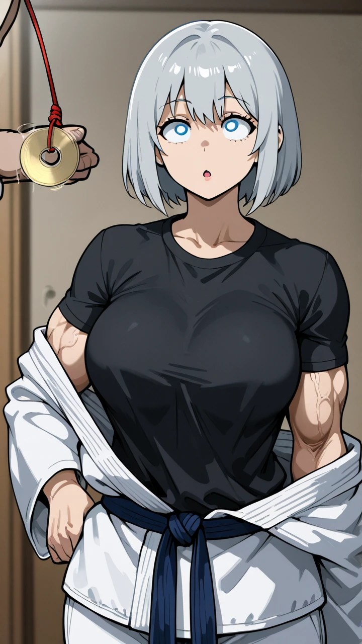 score_9, score_8_up, score_7_up, score_6_up, score_5_up, score_4_up, BREAK,blunt bangs,Gray Hair,Yellow Eyes,ponytail,big breasts,,Overflowing breasts,Street fashion,Erect nipples,Underboob,White background,Are standing,fine anime screencap_xl, anime screencap