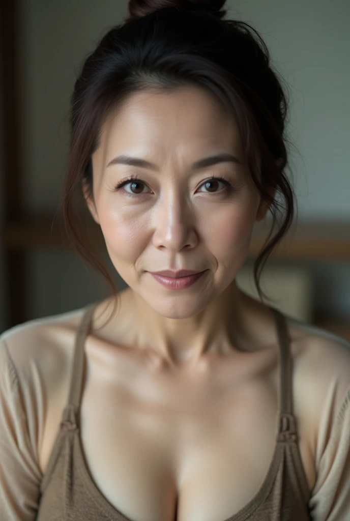 NSFW, One beautiful woman, high resolution, wallpaper 8K screen, top quality, realistic, super detailed, fine, perfect dynamic composition, 62 years old, (mature woman: 1.2), seductive appearance, (many wrinkles on the face: 1.4 ), (large neckline transparent one-piece dress: 1.4), sharpness, detailed and beautiful eyes, short hairstyle, thin hair, detailed and realistic skin texture, smile, slender body shape with small breasts,