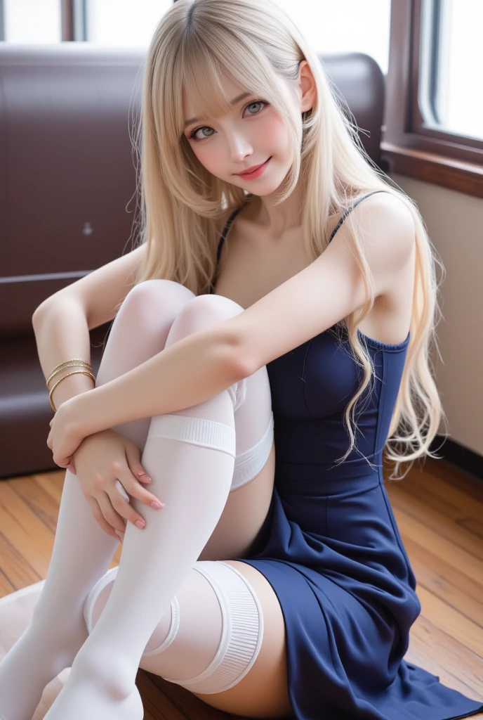 ((highest quality)),((excellent quality, 8k, masterpiece: 1.5)), Private parts are clearly visible: 1.2, perfect body beauty: 1.4, big breasts, silver hair, choker necklace，bracelet，blue and red lace jumpsuit，wet skin, round chest，big breasts，I can see your areola, sleeping in bed，legs open，open your legs，please remove your feet，please bend your knees，smile，film texture，Shooting angle，from below，(lift the skirt)(lift the skirt)、(You can see the white lace panties),