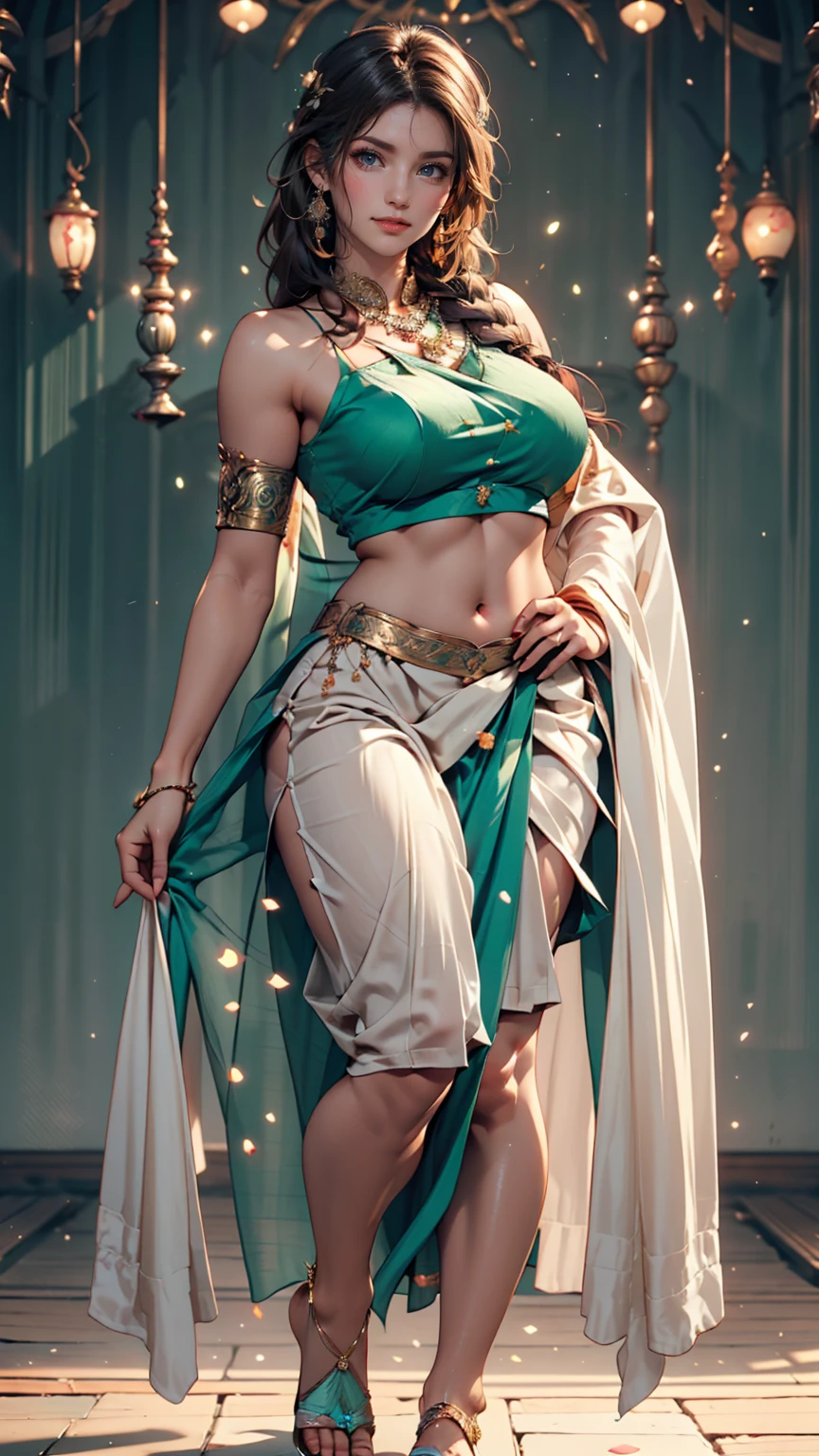 best quality, realistic, hand-held hologram of a beautiful older indian ifbb, four arms, multple arms, cybernetic cable hair, gold top, iridescent skirt, translucent skirt