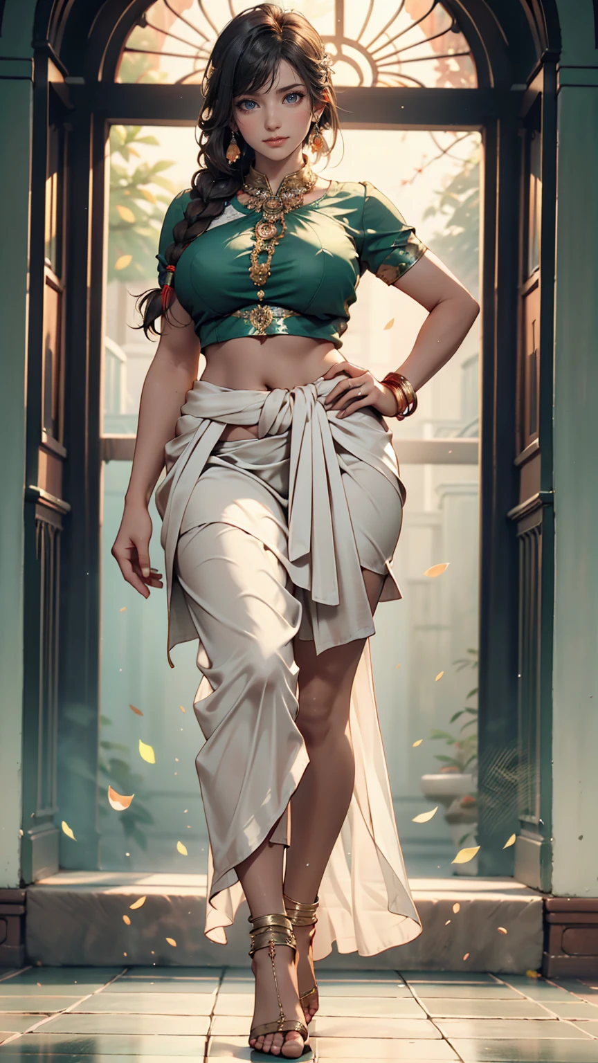 (Character: one woman, brown skin, Indian traits, Indian face)
(Clothing: workout clothes, green khimar),(sfw:1.3)
(Pose: full body shot:1.7, dynamic pose, perfect face, detailed face)
(simple background)