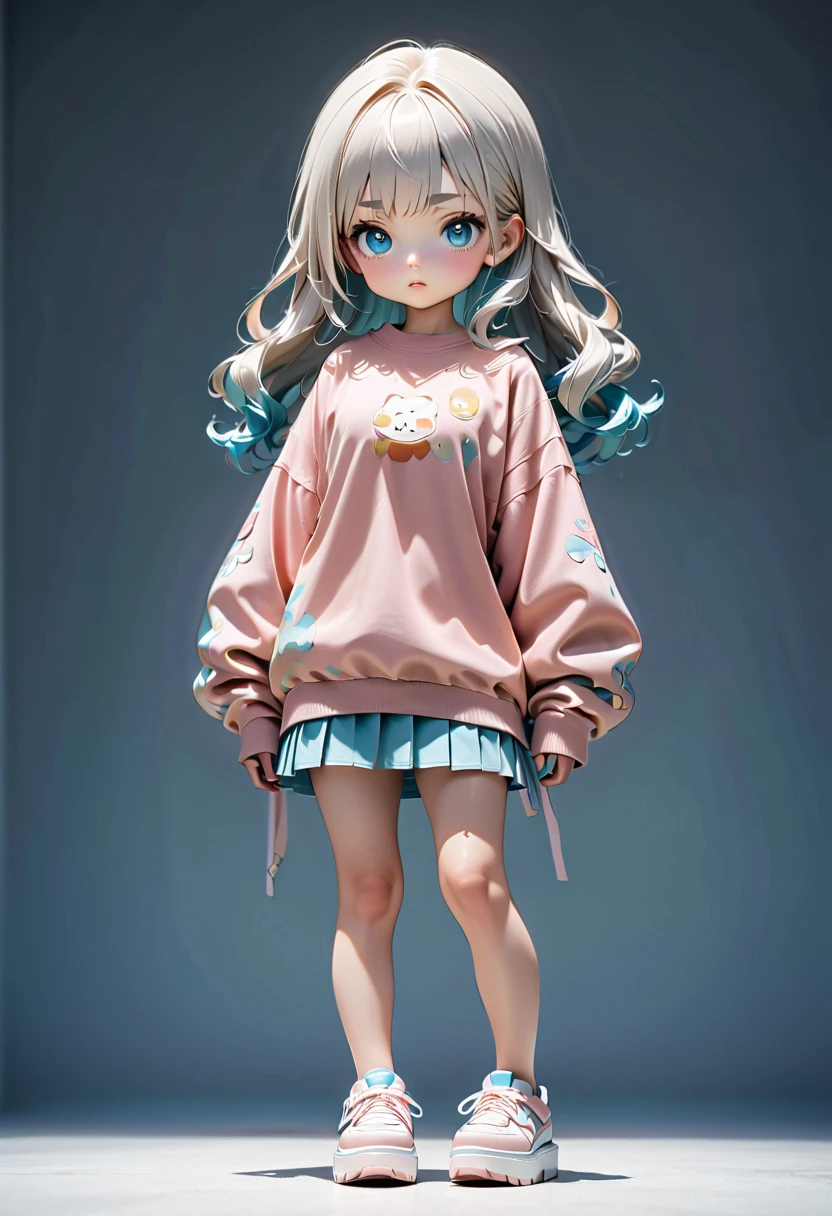 ((best quality)), ((masterpiece)), (detailed), perfect face, realistic human girl with very white skin, with small breasts, pink eyes, blue hair with two pony tails, pink baggy low-cut sleeveless over-sized top, blue skirt, pink tall boots.