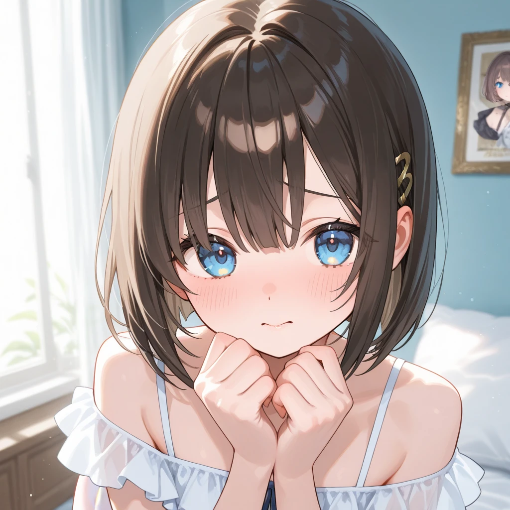 best quality.high resolution.1girl,23yo. bob cut, brown hair, brown eyes, bedroom pajamas, night, night view ..flat chest