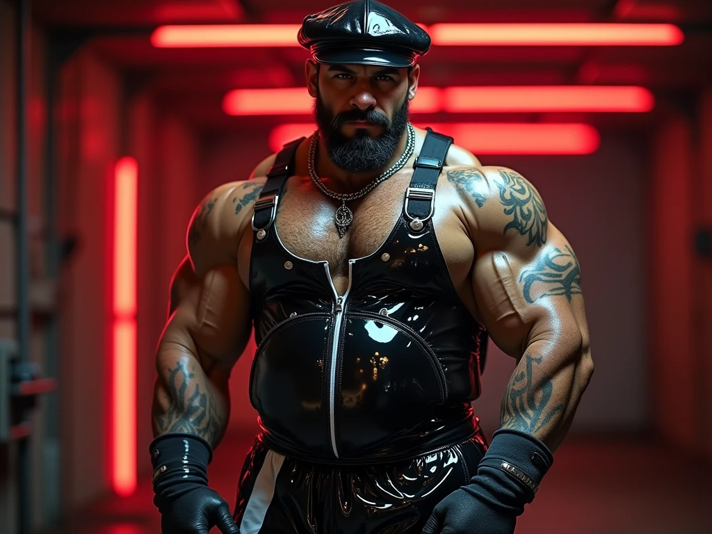(masterpiece, intricately detailed, highest resolution, best quality:1.2),a cocky Assyrian male model,a 25 y.o muscle stud with a muscular physique sitting on a chair with black eyes,dark-skinned male, huge beard, mutton- chops, wearing ((custom chest harness made with lithium and kevlar, pingent, skull belt, bracelets, necklace, jewelry)), flaccid penis,saggy balls,hairy chest,vascular,muscle striations,soft light,fantastic realism,