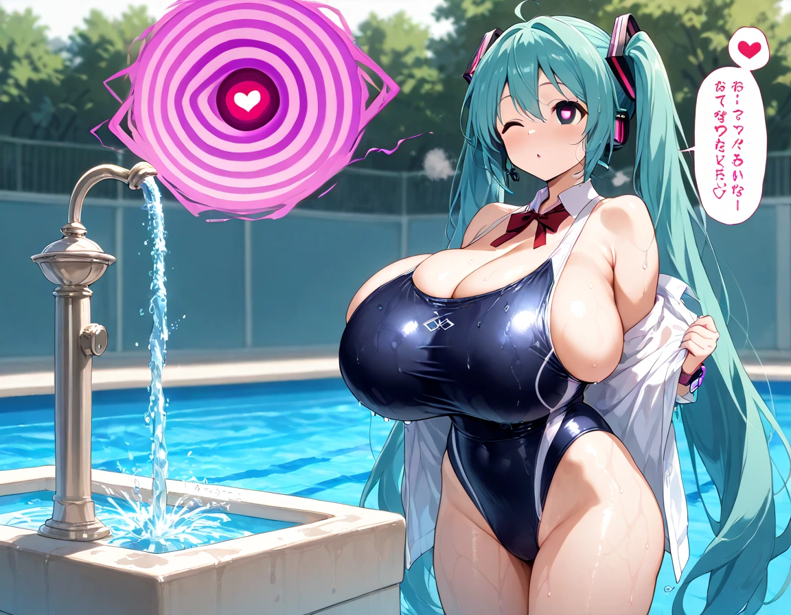 Hi res, masterpiece, 8k, nsfw, (Hatsune Miku | Virtual Singer), sexy curvy body, (gigantic breast: 1.6), erected nipples, (naked: 1.6), blue high heels, moaning open mouth, tongue out, sexual face, moaning expression, pleasure face, reddened face, (blue pubic hair: 1.4), lie on her back on poolside, her legs spread wide, (she is squirting a huge load of cum: 1.4), poolside, sunset, top-down view