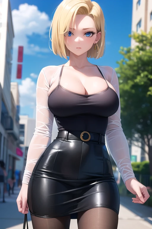 melhor qualidade, highres, and18, 1girl, android 18, solo, cabelo loiro, olhos azuis, cabelo curto, brincos, joias, colete aberto, Black pantyhosebloom, camisa branca, mangas longas listradas, saia azul, rua, (seios grandes: 1.2), fora do ombro,