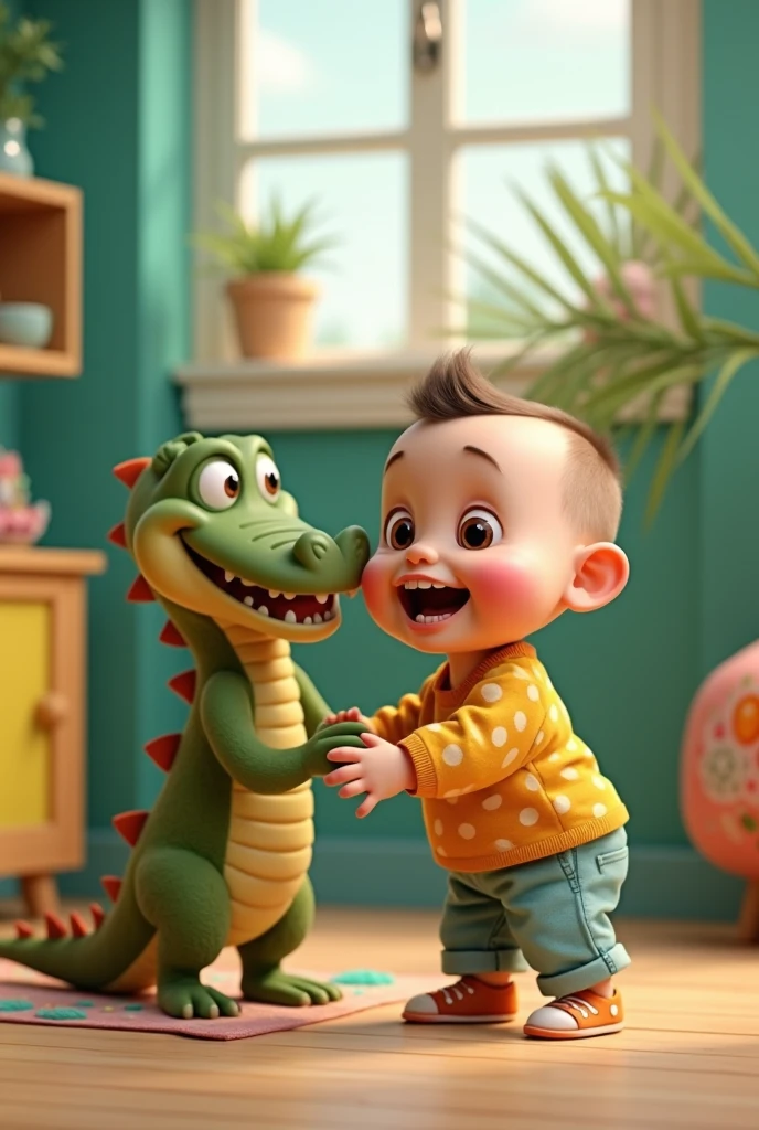 To visualize this scene, imagine a 2-year-old boy sitting on a soft, colorful rug in a cozy living room. He's completely engrossed in playing with a vibrant green dinosaur toy, which has a friendly expression. The boy's small hands are wrapped around the dinosaur, and he's smiling with pure joy. Scattered around him are a few other toys, adding to the playful atmosphere. The room is warmly lit, with soft cushions and a comfy couch in the background, creating a comforting and cheerful setting. The overall scene captures the innocence and happiness of childhood.