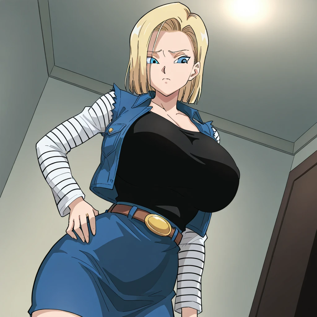 masterpiece, Detailed face, retro artstyle, 1990s \(style\), Android 18, Classic look, One girl, alone, View your viewers, Embarrassing, Excited, short hair, blue eyes, Blonde, clavicle, sitting on rubble, Spread your legs, squat, Plain white panties, Showing panties, Wet Panties, City in Ruins, Wet Hair, Black Shirt, Erect nipples, Striped sleeves, belt, Denim skirt, Brown boots