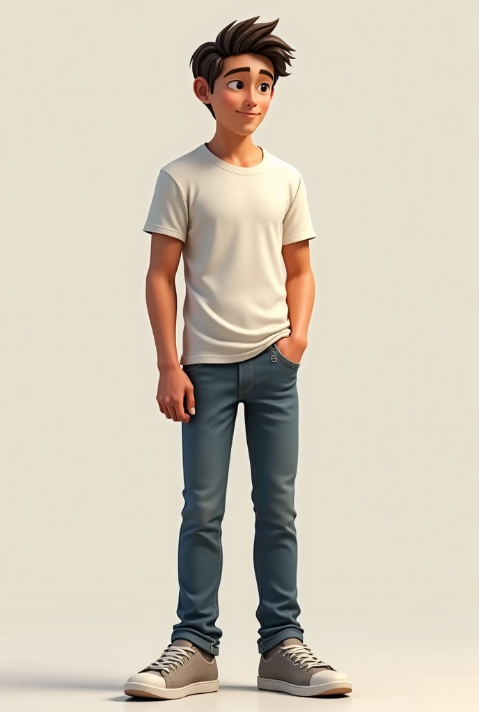 A 19 year old boy 5,11 white polo shirt tucked in with light blue jeans and blue converse dark wolf cut hair and black eyes and masculine features skinny but athletic build