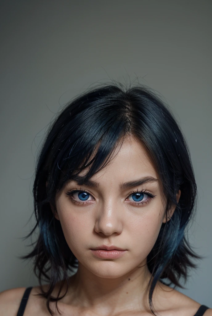 (Close-up, editorial photograph of a 21 year old woman), (highly detailed face:1.4) (smile:0.7) (background inside dark, moody, private study:1.3) POV, by lee jeffries, nikon d850, film stock photograph ,4 kodak portra 400 ,camera f1.6 lens ,rich colors, hyper realistic ,lifelike texture, dramatic lighting , cinestill 800, wavy hair, messy hair, signature short pixie hair cut with bangs, Motoko Kusanagi hairstyle, Mischievous smirk, Blue hair, Blue Eyes, freckles, White Skin, black shirt, Motoko Kusanagi Jacket from SAC: 2045, Sci Fi, Cyberpunk, Futurism, Ghost in the Shell, Astral Plane, European expressions, European woman, European skin