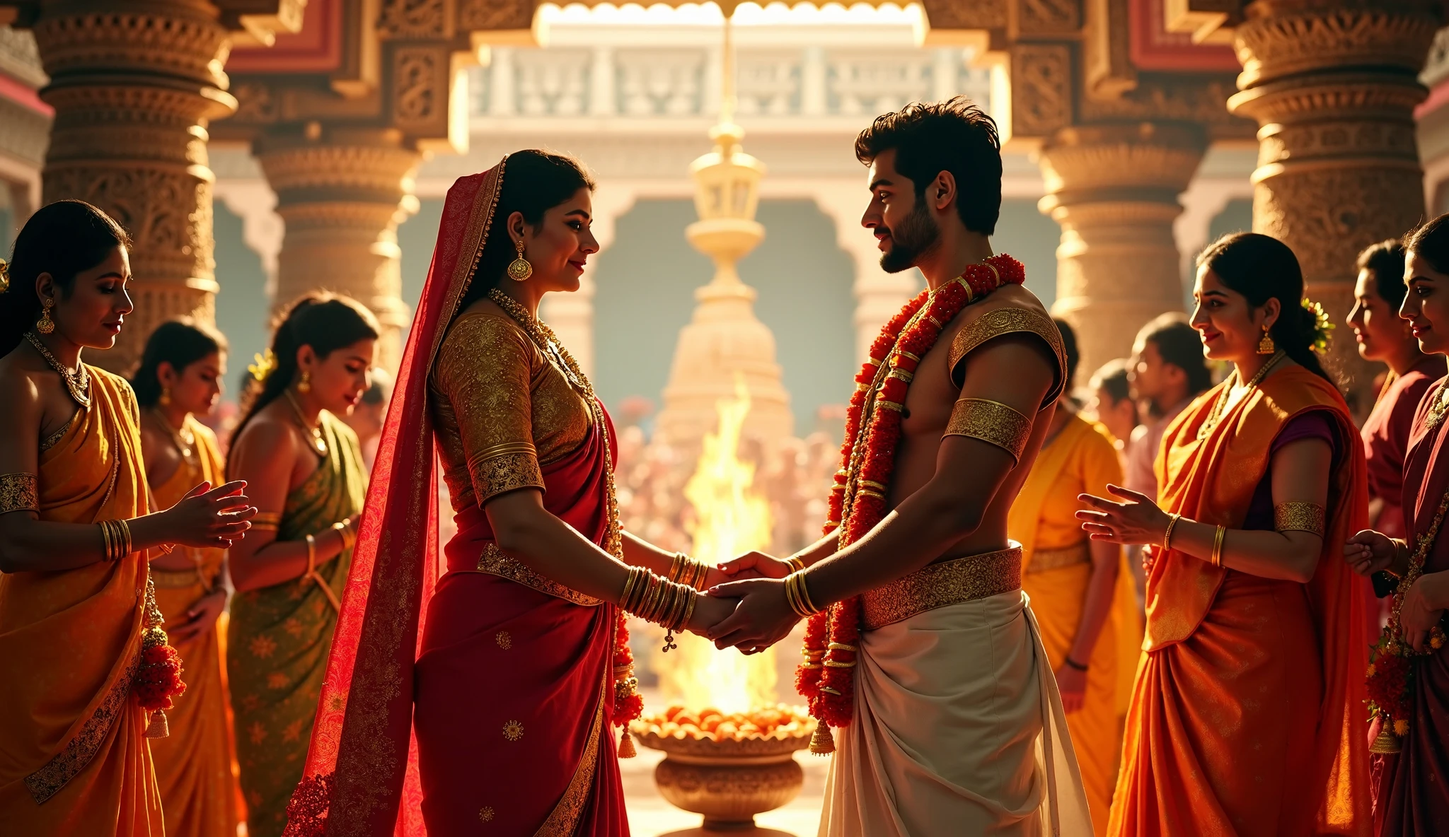 A scene capturing an extraordinary moment between a nine-foot-tall Indian girl and a few short men. The towering woman, adorned in traditional Indian attire, bends down with her broad, strong arms wrapped around the men, who appear in comparison. The background is blurred, allowing the focus to remain on the compelling interaction between the two groups. The scene exudes a sense of wonder and intrigue, as the height disparity adds an unusual dynamic to the image.
((Nine-foot-tall Indian girl:1.3)), hugging, ((Short men:1.5)), ((Comparing Heights:1.25)), Detailed Indian attire, ((Ind