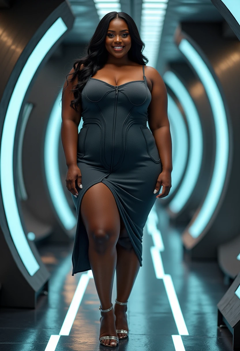 Indian woman Savita, on a spaceship, ((wearing Navy Blue edgbodytape)), overweight bodyshape, looking at viewer wide-eyed, dynamic pose, black hair, spaceship panel in background