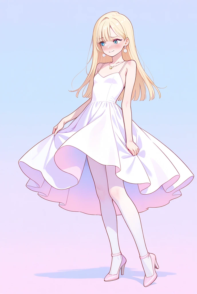 Pale skin blonde woman white dress pink stockings and white heels