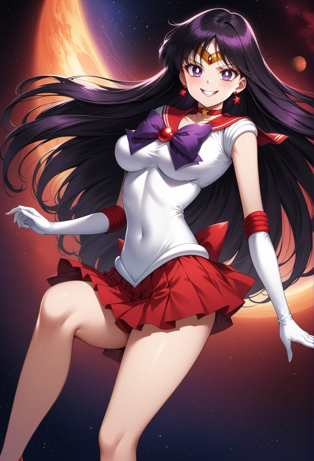SMMars, sailor senshi uniform, red sailor collar, red skirt, elbow gloves,evil smail.evil grin,