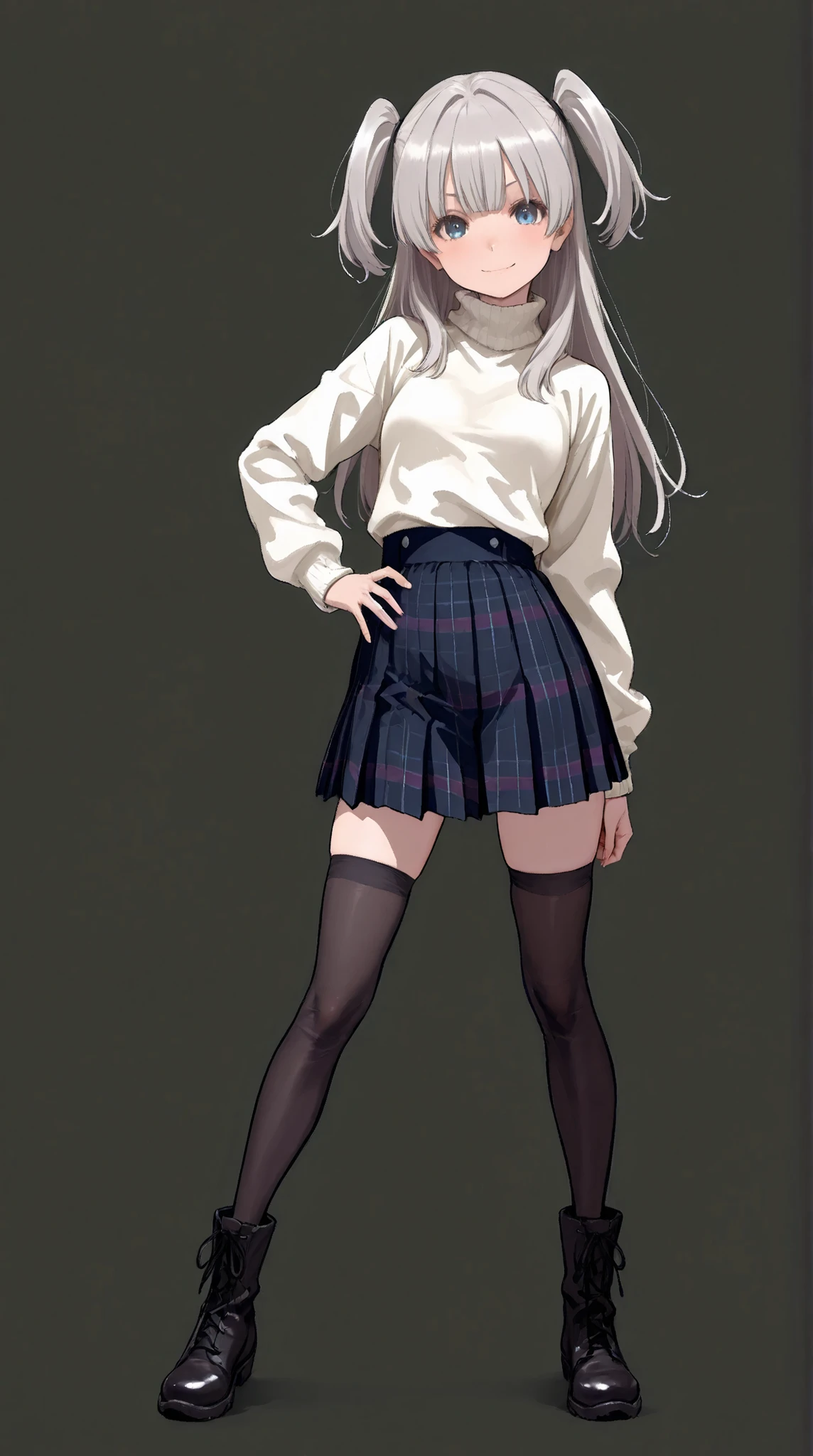 1 girl, full body, looking at viewer, contrapposto pose, hand on hips, one hand on the wall, standing, petite body, slender figure, small breasts, small frame, innocent smile, bright blue eyes, fair smooth skin, rosy cheeks, glossy lips, cute face, big expressive eyes, medium-length silver hair, silky smooth hair, soft front bangs, (twin side up hairstyle:1.3), hair tied up on both sides, loose back hair flowing down, silver hair tie, realistic hairstyle, (white turtleneck sweater:1.5), navy blue plaid pleated skirt, black thighhighs, zettai ryouiki, black knee-high boots, youthful appearance, Kyoto Animation, anime illustration, masterpiece, best quality, ultra high resolution, rich contrast, highly detailed eyes, ultra-detailed illustration, very beautiful and delicate anime face and eyes, realistic texture, RAW photo style, (solid black studio background:1.5), soft lighting, (no background1.3),