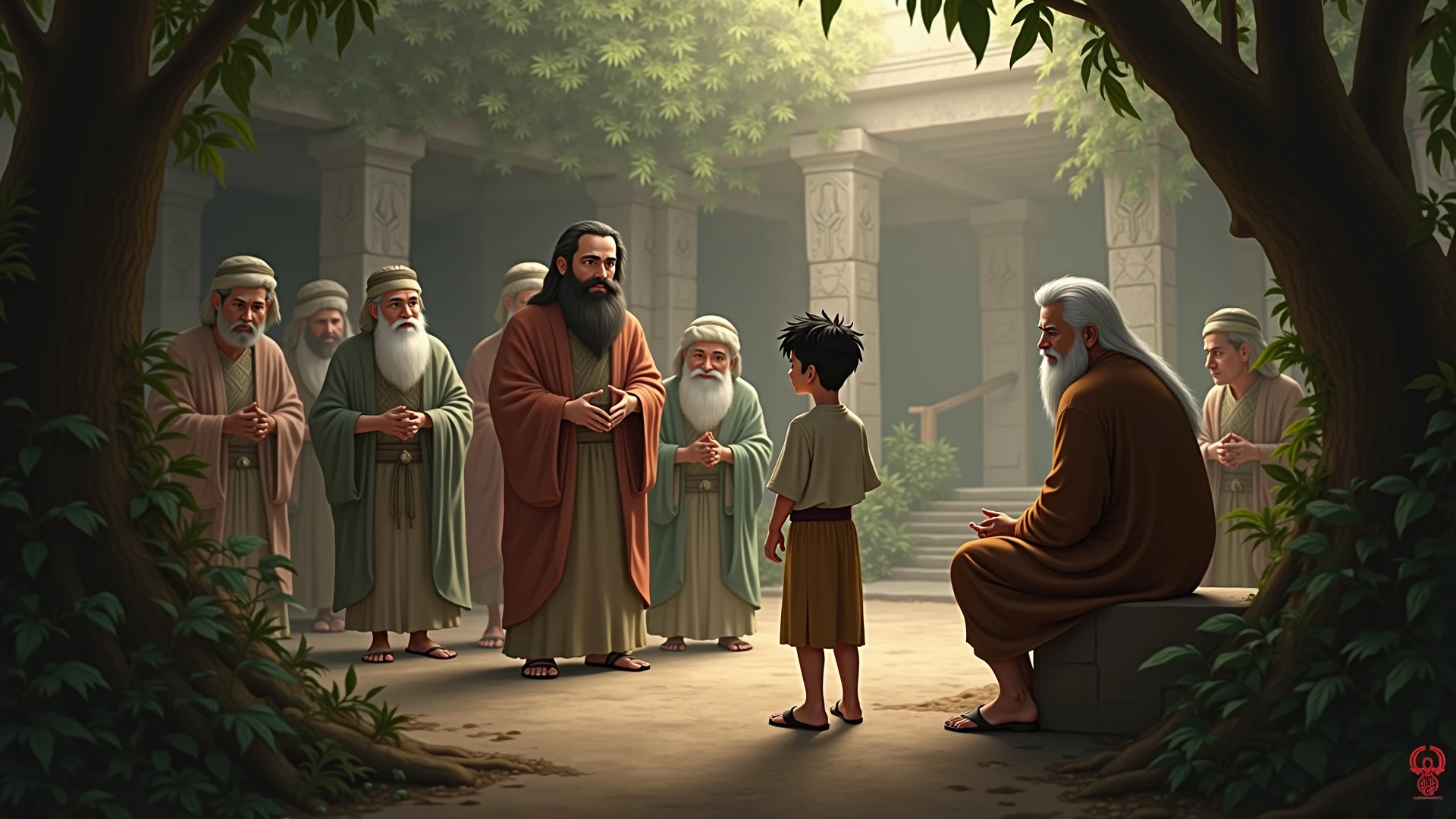 The old man in nature looks at the children with eyes full of wisdom while they listen to him seriously.