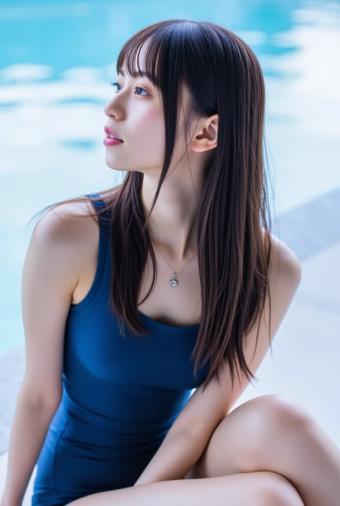 21 years old female, long hair, RAW photo, bokeh (realism: 1.4, realistic), high detail CG unified 8K wallpaper, 1girl, ((slim body: 1)), ((natural big breast:1.3)), back to viewer, ((direct view from the front)), (HQ skin: 1.4), 8k uhd, dslr, ((Front lighting)), high quality, film grain, Fujifilm XT3, ((detailed micro bra, black short skirt)), ((outdoor, at pool))), portrait,((Layered medium Haircut, black hire)),(looking at viewer:1.4),(Full body:1.5), ((height:165cm)), (((down arms))), ((Hip level shot)), medium shot, ((open thighs)).