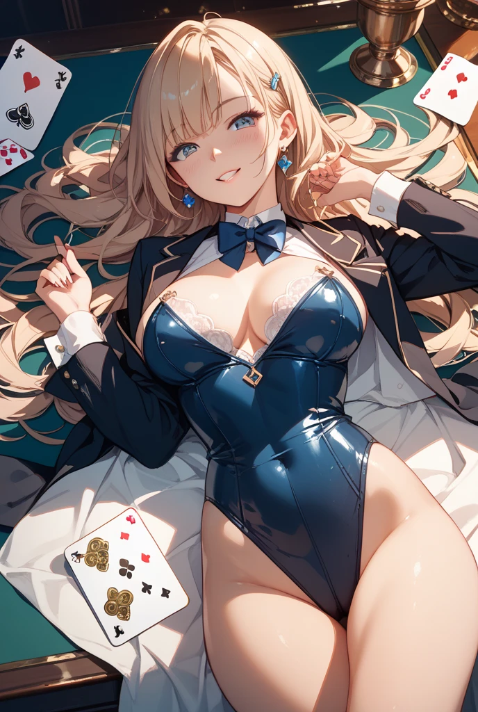 1girl, breasts, animal ears, playboy bunny, solo, official alternate costume, pantyhose, leotard, rabbit ears, halo, gloves, strapless, strapless leotard, white gloves, long hair, fake animal ears, blue leotard, thighband pantyhose, bow, large breasts, detached collar, bowtie, card, blue eyes, cleavage, holding, hair over one eye, very long hair, mole on breast, hair ribbon, mole, ribbon, highleg, black pantyhose, blue bowtie, light brown hair, bare shouldersความละเอียดสูงสุด, 
