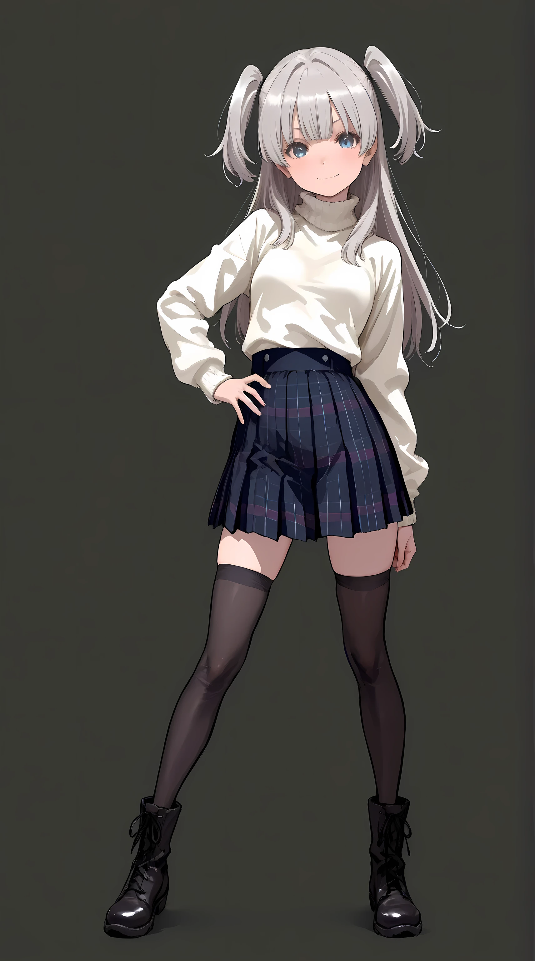 1 girl, full body, looking at viewer, contrapposto pose, hand on hips, one hand on the wall, standing, petite body, slender figure, small breasts, small frame, innocent smile, bright blue eyes, fair smooth skin, rosy cheeks, glossy lips, cute face, big expressive eyes, medium-length silver hair, silky smooth hair, soft front bangs, (twin side up hairstyle:1.3), hair tied up on both sides, loose back hair flowing down, silver hair tie, realistic hairstyle, (white turtleneck sweater:1.5), navy blue plaid pleated skirt, black thighhighs, zettai ryouiki, black knee-high boots, youthful appearance, Kyoto Animation, anime illustration, masterpiece, best quality, ultra high resolution, rich contrast, highly detailed eyes, ultra-detailed illustration, very beautiful and delicate anime face and eyes, realistic texture, RAW photo style, (solid black studio background:1.5), soft lighting, (no background1.3),