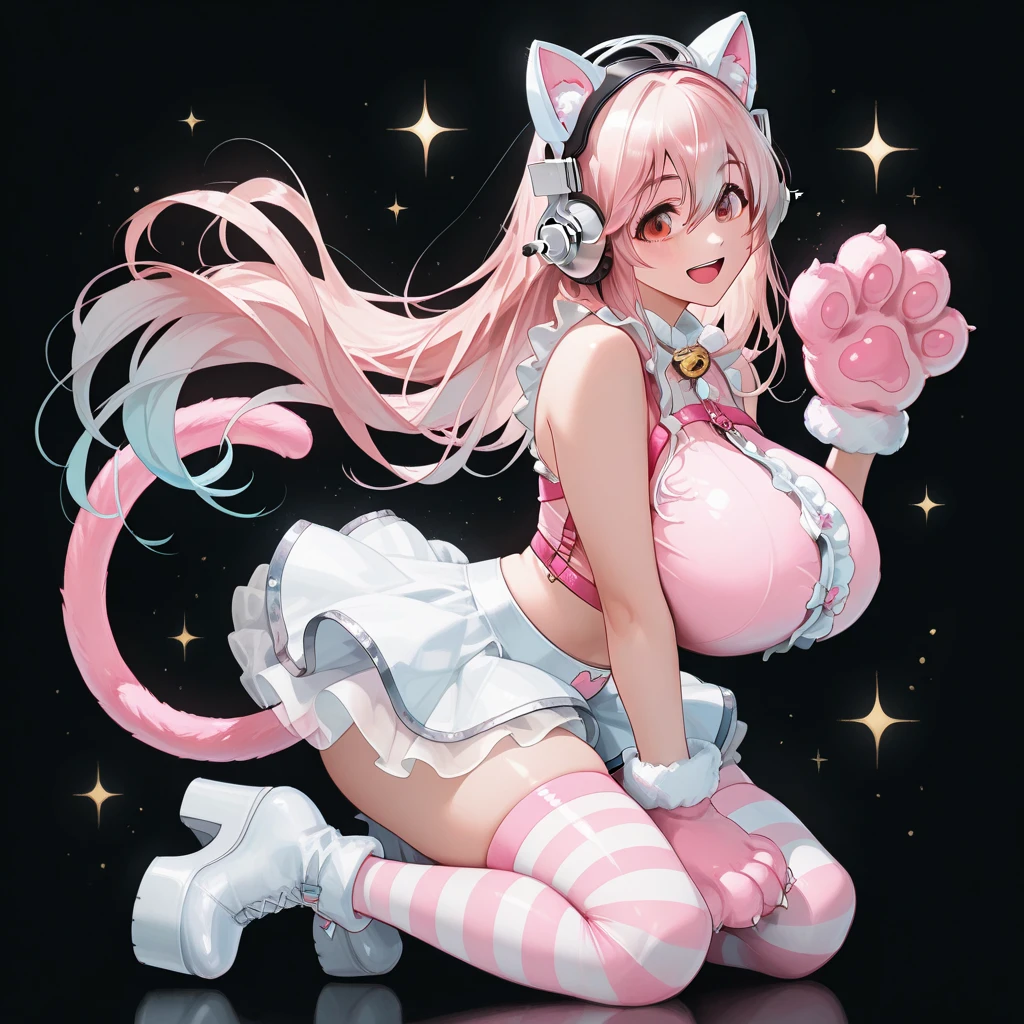 Korean girl aesthetic, realistic depiction, clear and defined eyes, full lips with lip gloss, eyeshadow, pink and light blue monochromatic color scheme, neon lighting, cute and kawaii elements, purple hair, natural lighting, joyful and whimsical vibe, cleavage, huge tits, cute revealing outfit, thigh highs, pink panties, cat ears, sitting, ((legs spread)),