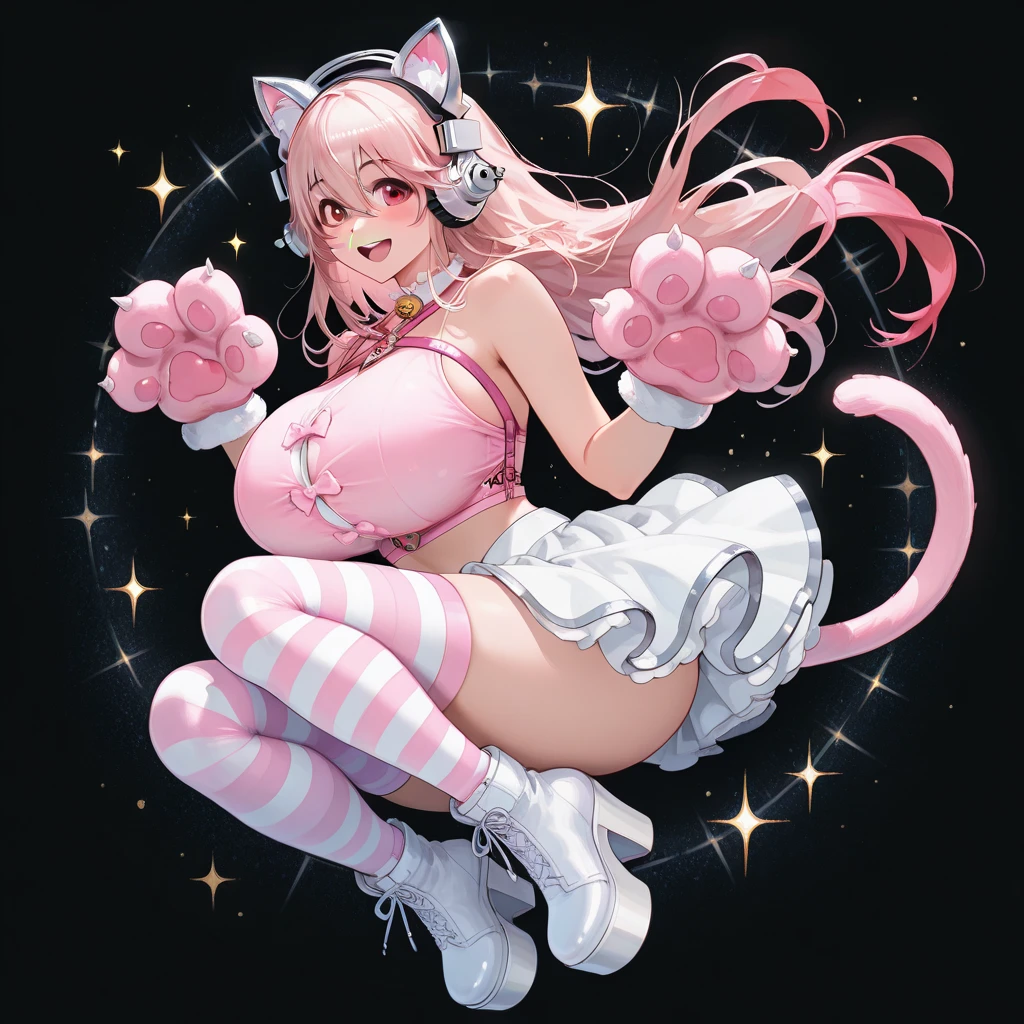 IMVU, pink hair, pink heart eyes, pale skin, long eyelashes. white and pink cow ears, white horns with pink bows, fuzzy white jacket with pink spots, pink cowbell choker, kawaii, soft, high quality, masterpiece, 8k, detailed face