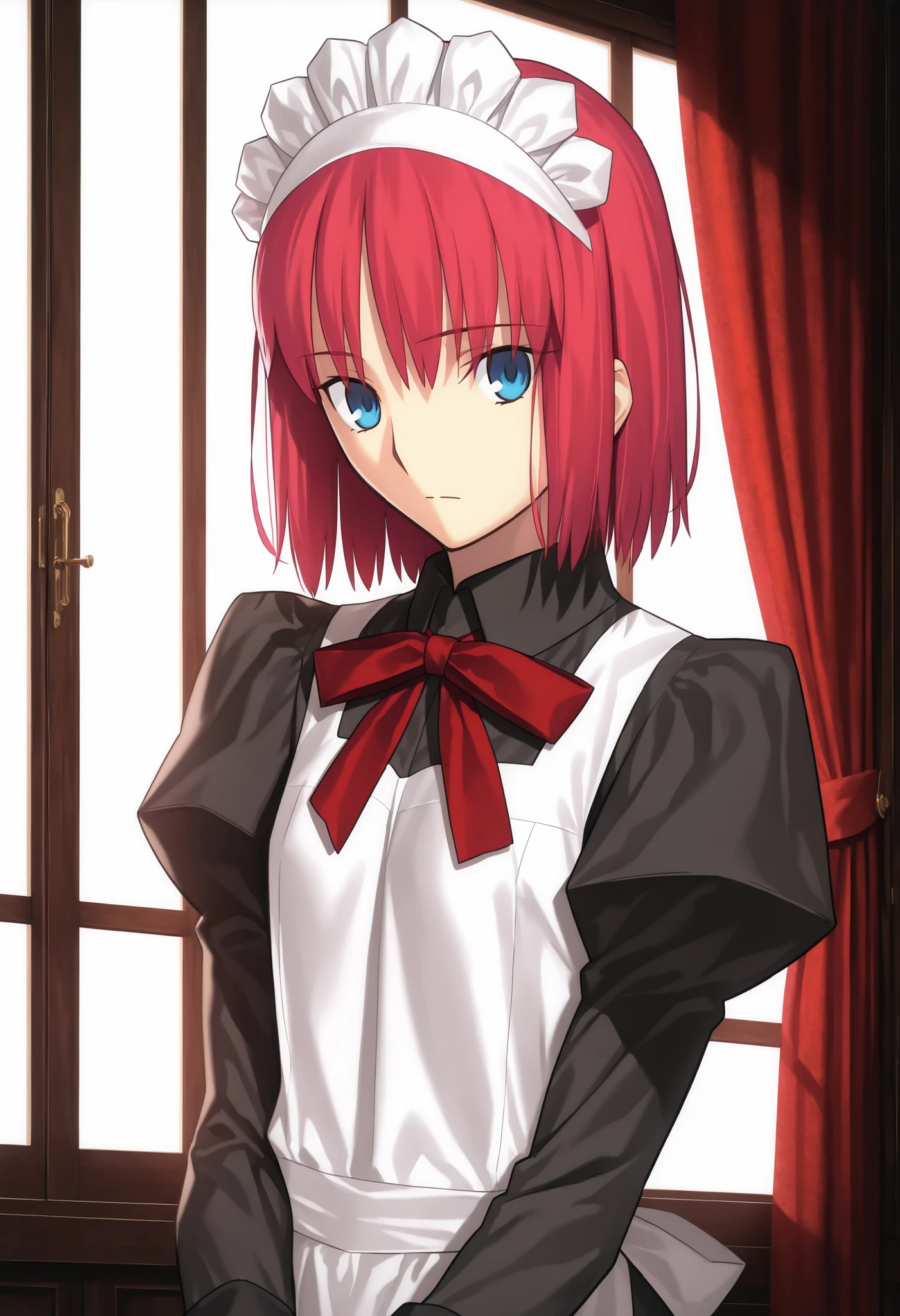 masterpiece, , absurdres, highres, detailed background, high resolution, masterpiece, necessary, detail, best quality, quality, necessary, details, High details, Precise, dark, indoors, , day,  ,                                             
                                                                                                                                                                                                                         1girl, , Takeuchi Takashi (type-moon,tsukihime) style, takeuchi takashi style, Closing the curtains, 
   
girl, (hisui (tsukihime), light blue eyes, light red hair, short hair, bob cut, maid headdress, neck ribbon, red ribbon, juliet sleeves, maid, maid apron, collared dress), (tsurime), upturned eyes, (  ), expressionless, ,
(black dress shirt, white apron), , dark red ribbon, small breast, flat chest, , looking back, , 