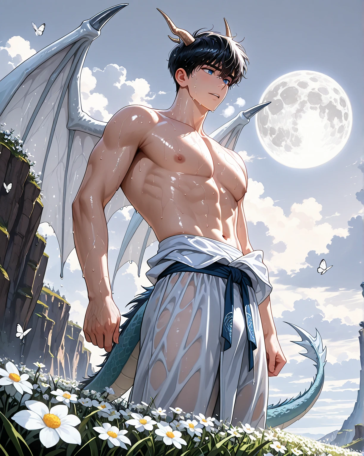 Un chico en el parque, 10.year old, pelo rubio, ojos azules, piel blanca, rasgos finos, rasgos europeos, with the moon behind defined muscular body semi naked very toned