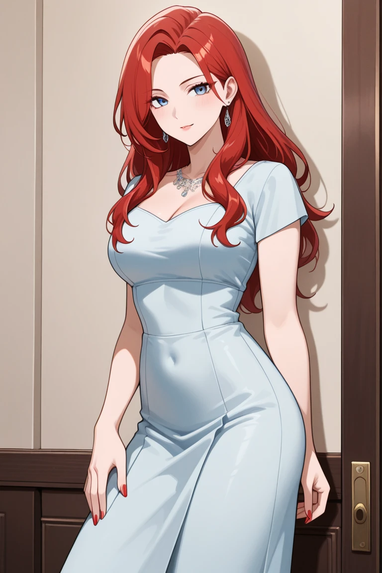 (Chelsea:1.3), long hair, blue eyes, (black spaghetti strap dress:1.3), blush, medium breasts, red hair, black spaghetti strap dress, bare arms, blue nails, bare neck, indoors room, standing up, seductive smile, Masterpiece, best quality, 1girl, detailed background, intricate details, detailed, looking at viewers, cowboy shot, in the center