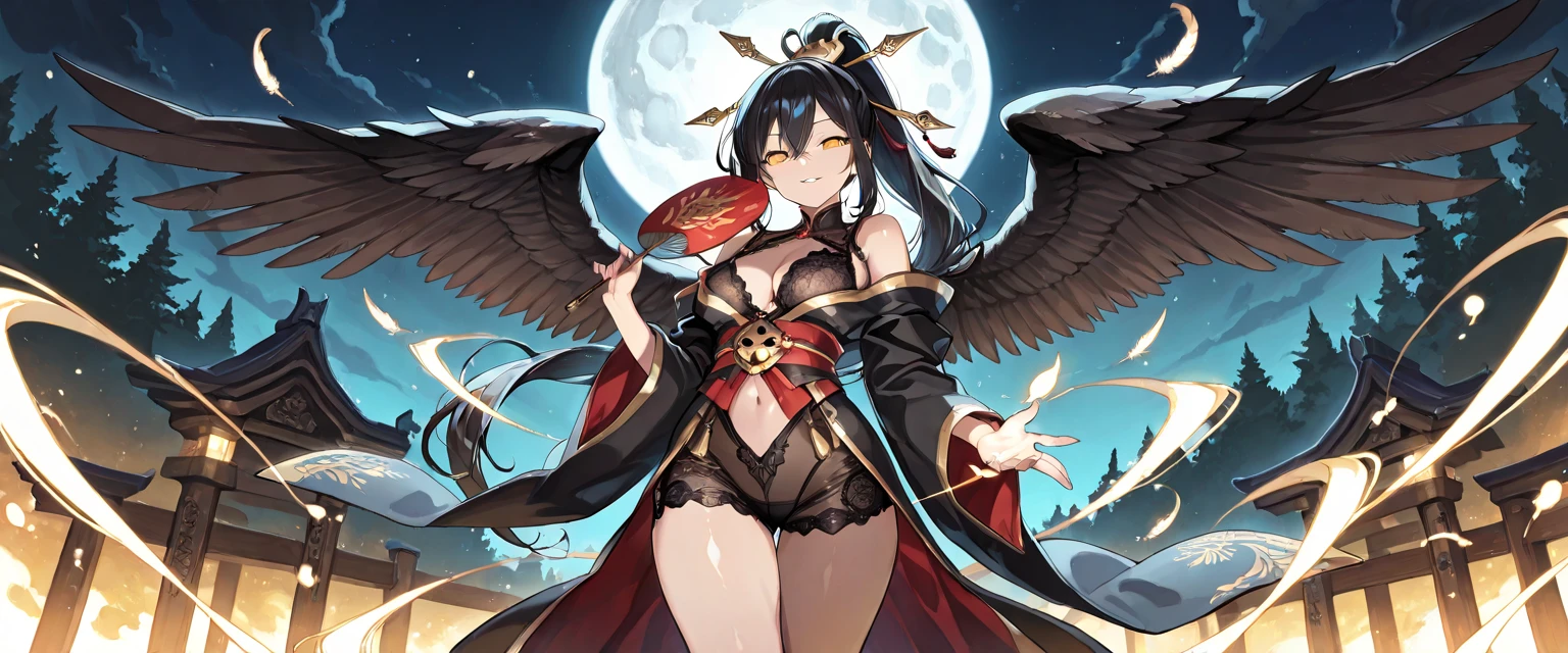 best quality, masterpiece, highres, solo, {musashi_azurlane:1.15}, animal_ears, long_hair, fox_ears, animal_ear_fluff, black_hair, facial_mark, breasts, bangs, hair_ornament, yellow_eyes, large_breasts, fox_girl, cleavage, jewelry, necklace, very_long_hair, magatama, magatama_necklace, smile, blush, ahoge, 1girl, bare_shoulders, fur-trimmed_kimono, fur_trim, japanese_clothes, kimono, looking_at_viewer, tail, fox_tail, huge_breasts, kitsune, parted_lips