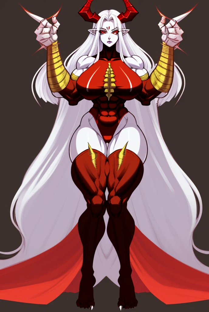 Oni girl with extreme muscular body, gigantic muscular arms, gigantic muscular tights, oni horns, red demon wings, red demon tail, cleopatra outfit, red skin, white hair and gigantic breasts.