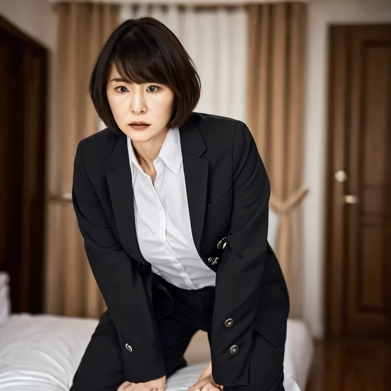 ((Best Quality, 8k, Masterpiece: 1.3)), Photorealistic, Sharp Focus, High Quality, High Definition, Portrait, Solo, Japan, Middle Aged Woman, Beauty, Clothes with Cleavage View, 43 years old, Plump, Wavy Hair, ((wearing, (Formal jacket dark blue), White shirt, Short tie, Short pleated skirt is plaid, Socks are dark navy, Theme color is dark navy)), Wrinkles at the corners of the eyes, (Show panties:1.5)), Open legs, Narrow backyard, Lots of boxes, Lots of files, Dark background