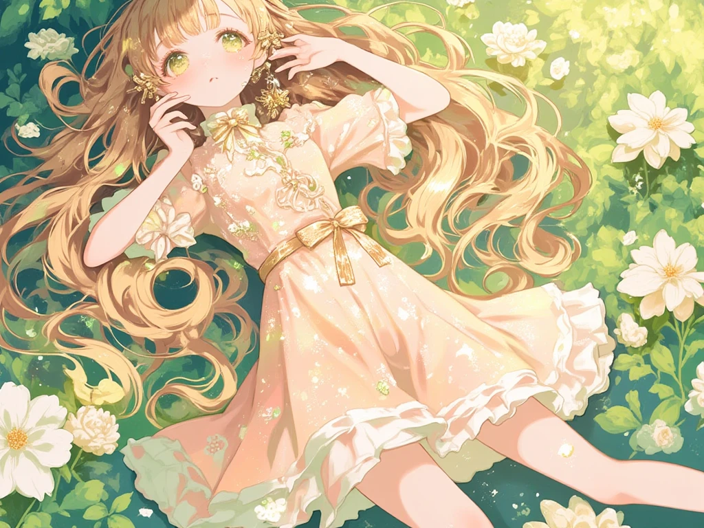 flower crown, flower garden, 1girl, childish . small beasdt , skindentation, +++
amber eyes ,
light coral hair,
very long hair ,
top not,
wavy hair ,
hair over one eye,
hair flaps ,
happy,
,
head_tilt
+++, From Up, looking at viewer, full body, Rim Light, contrapposto, dynamic pose, strong light coming in light rays light sparkles lens flare deep shadows caustics golden hour, iridescence sundress zettairyouiki (amber over knee socks), bare feet