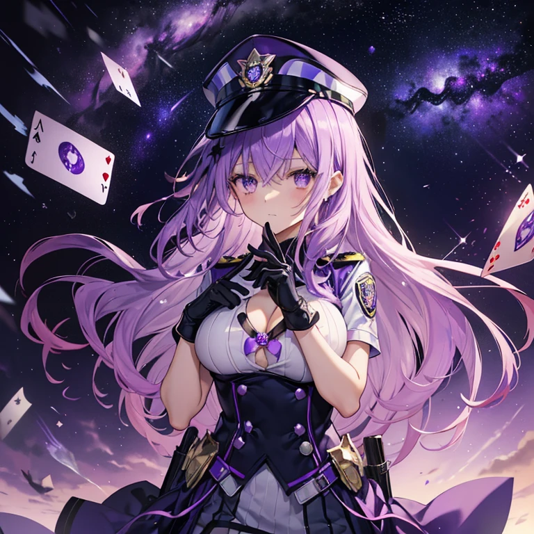 ((Fantasy　Purple Hair　Long Hair　Purple eyes　Female police officer　star badge　policeman's cap　Chest Opening　Lonely　despair))　((Spade playing card　Broken glass　gloves　milky way))　(comet　moon)　Catch the wind　autumn　Glowing purple background　Particles of light, Shining Edges　Low Angle