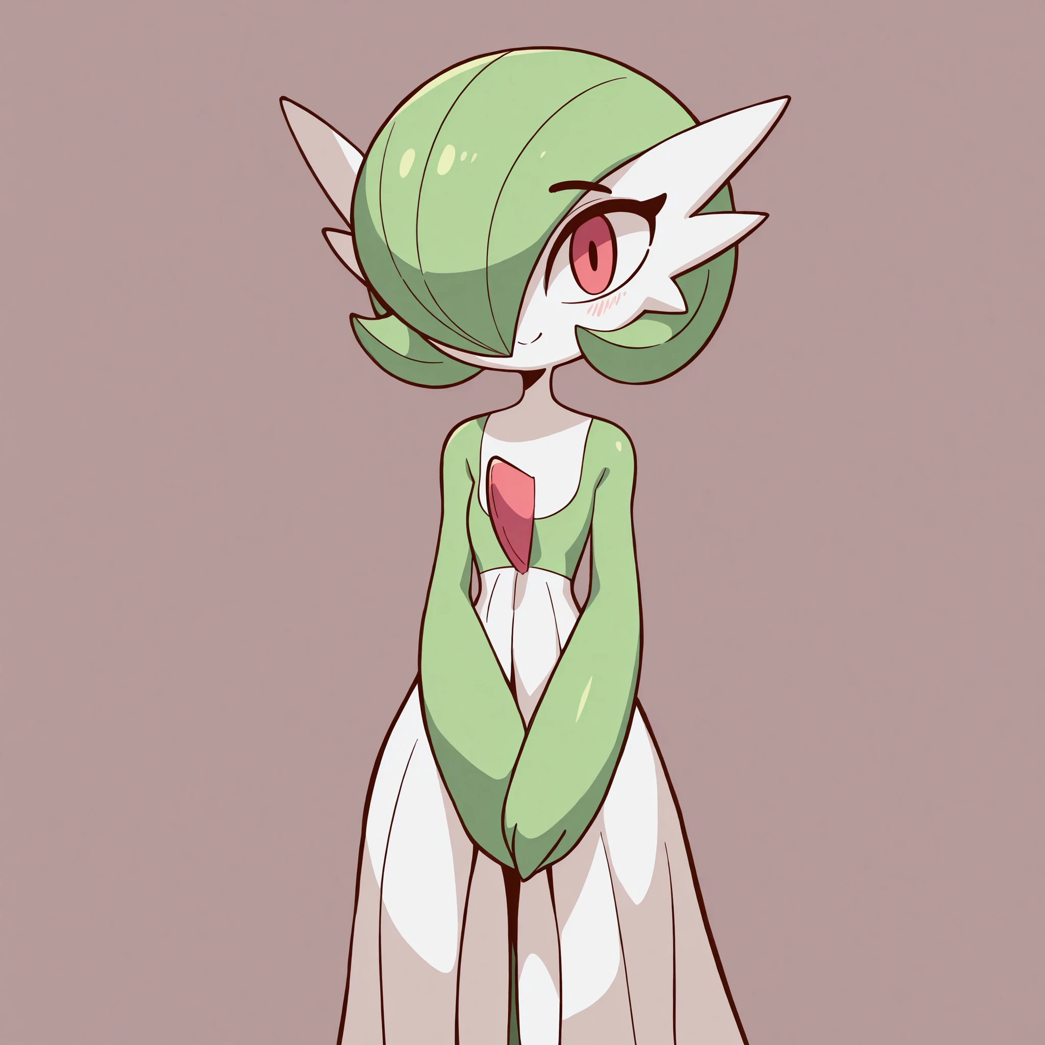 masterpiece, best quality, amazing quality, very aesthetic, absurdres, high res, shiny skin, diives, 1girl, solo, anthro furry, pokemon (creature), gardevoir, dress, blushed, smile, cute, standing, looking at viewer, simple background, from the front view