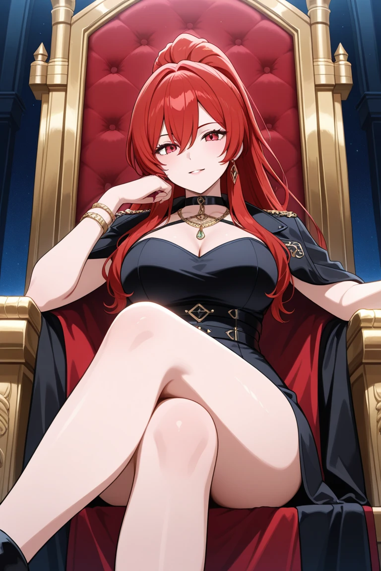 best quality, 8k , super fine illustration, extremely detailed CG ,masterpiece,
beautiful anime style woman ,25 years old
Smile, blush, medium breasts, Medium Hair、Red hair、(Queen of Fire:1.5),Chair、豪華なChair、Sitting with legs crossed、Off-the-shoulder dress、gloves、Black costume、indoor、cave、Lava Zone Cowboy Shot ,
telephoto lens, 
 slow shutter speed
,,
(pure color scene),
(best shadow),
,,
(natural light),
,,
(natural reflection),