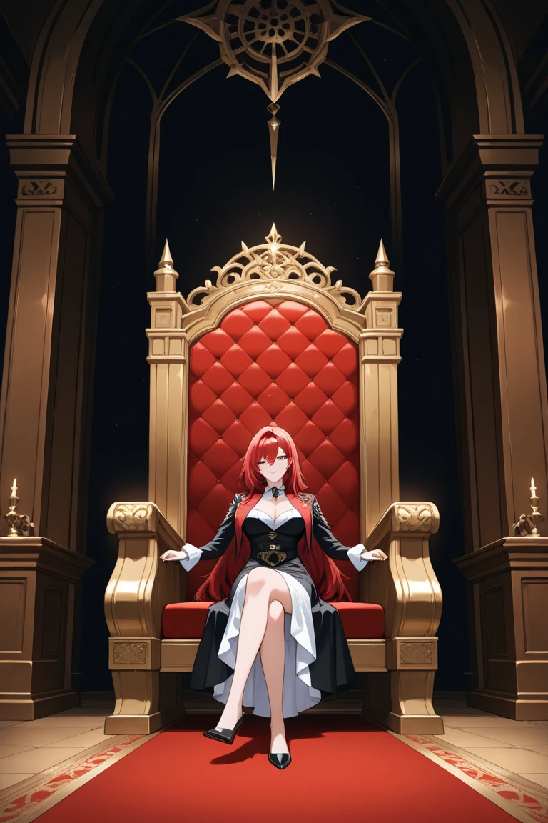 solo, 1woman, dark purple eyes, red long hair), lipstick, detailed, soft lighting, 4k,, fitness,, slim body, athletic body,, black dress, imperial throne, sitting , flowes, high heels, throne room, palace