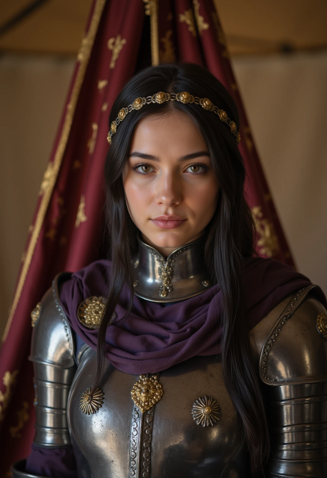 Joan of Arc, black eyes, black hair, fancy, armor