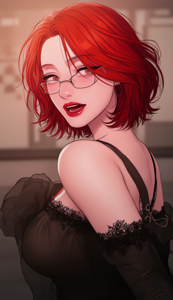 masterpiece, best quality, animeLorelei, red hair, red eyes, hair between eyes, glasses, elegant black dress, looking at viewer, smile, winter, table, Luxury apartment, black dress, sexy, nigth, Blush in the cheeks, Red lipstick
