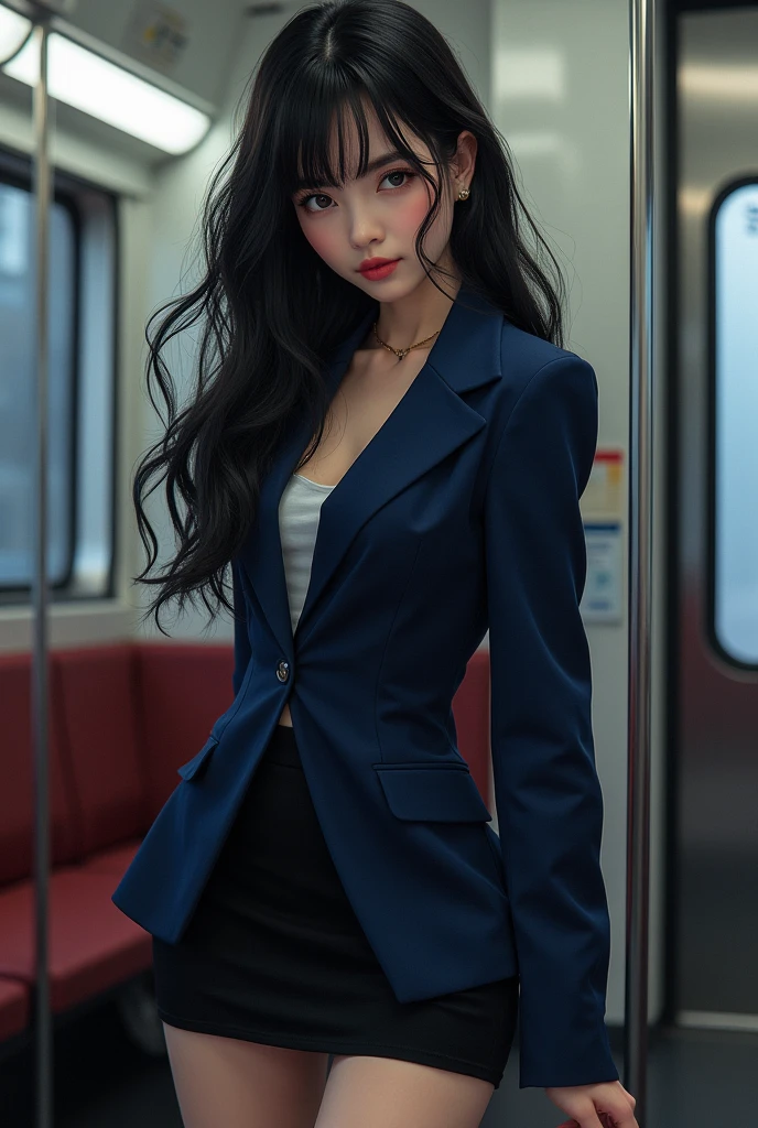 Photorealistic, High resolution, Soft light,1womanl, Solo, hips up high, (Detailed face),The tattoo, Jewelry, （(Girl sitting in school classroom))，A dark-haired、short-cut，Wear、（(White Blazer、Check skirt、styles，low chest, Long hair、((poneyTail))、((up skirt)）、（(mix４)）、((appearance々color panty abe々Colored hair)）