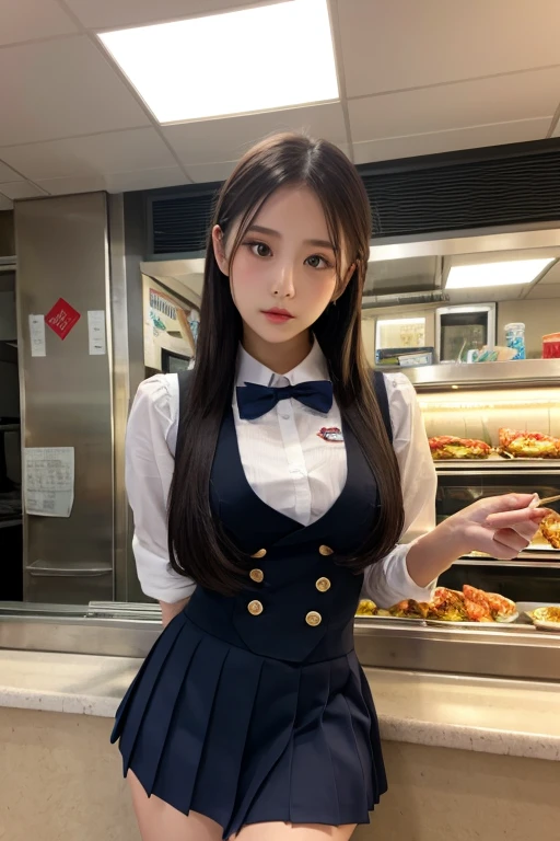 best masterpiece、highest quality、shape、Super detailed、High resolution、8K wallpaper、Perfect dynamic shape、beautiful and detailed eyes、natural color lip, Random sexy pose,very kind smile、17 year old girl、cute、expensive、(highest quality:1.3)、(masterpiece:1.3)、(The Super detailed:1.3)、(wallpaper, one girl:1.1)、(delicate hands and fingers:1.2)、(Detailed super oily shiny skin:1.1)、Beautiful and glossy thighs、(High school girl uniform:1.7)、(big breasts that hang down and firm:1.4)、slender body shape、brown hair head、(stable expression:1.5)、((Semi-long random hairstyle:1.3))、beautiful sister、(Model standing pose from the front:1.4)、sexy pose、(((Paris city cafeteria background:1.6)))、((Beautiful big breasts with firmness:1.5))、(beautiful double eyelids:1.3)、look at the camera、Pelvic expanse、perfect lighting、