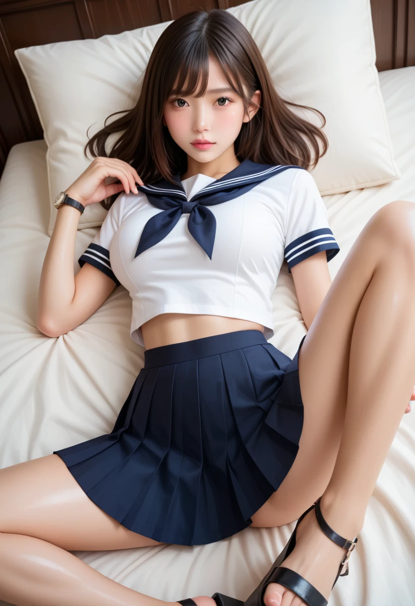 Best quality, masterpiece, detailed, one girl, cute girl, girl, no panties, lying, legs, brown hairor skirt, sailor suit, black over knee socks, long hair, large breasts, show off nipple, no shoesd, good pupil, 4k
