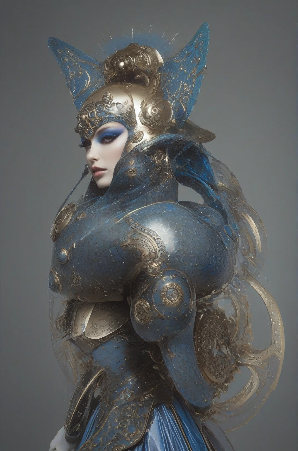 fantchar, a futuristic robotic alien as a model in a photoshoot, wearing an ornate embroidered dress, high fashion, couture, realistic, intricate, highly detailed