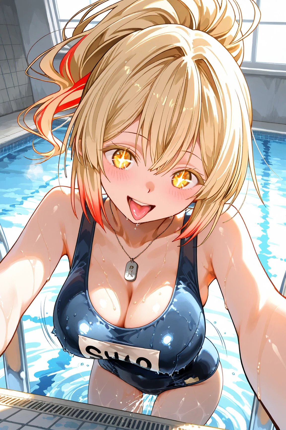 best quality, masterpiece, elpeople, (:p, one eye closed:1.3), ultra detailed face, contrapposto, wet skin, fluorescent light orange color bikini, (medium breast:1.2), underboob, balcony of skyscraper, neon light, city light, (heavy rain in midnight:1.2)