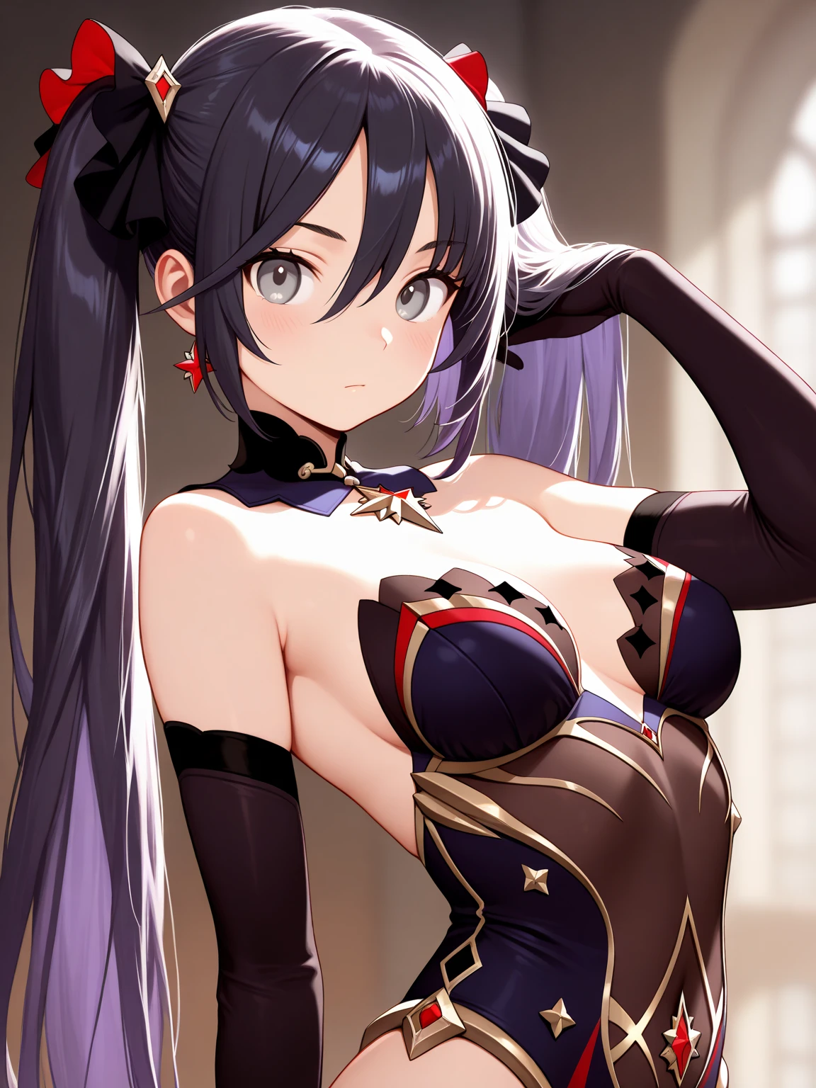 Black bun head Long Hair sneer Back white Background white Big Tits Black Chinese clothing race garter belt Fishnet tights Big eyes Hearts in the eyes Heart Earrings belly button first round Chest crisp Butterfly Tattoo Nine-tailed tail Golden Phoenix Embroidery