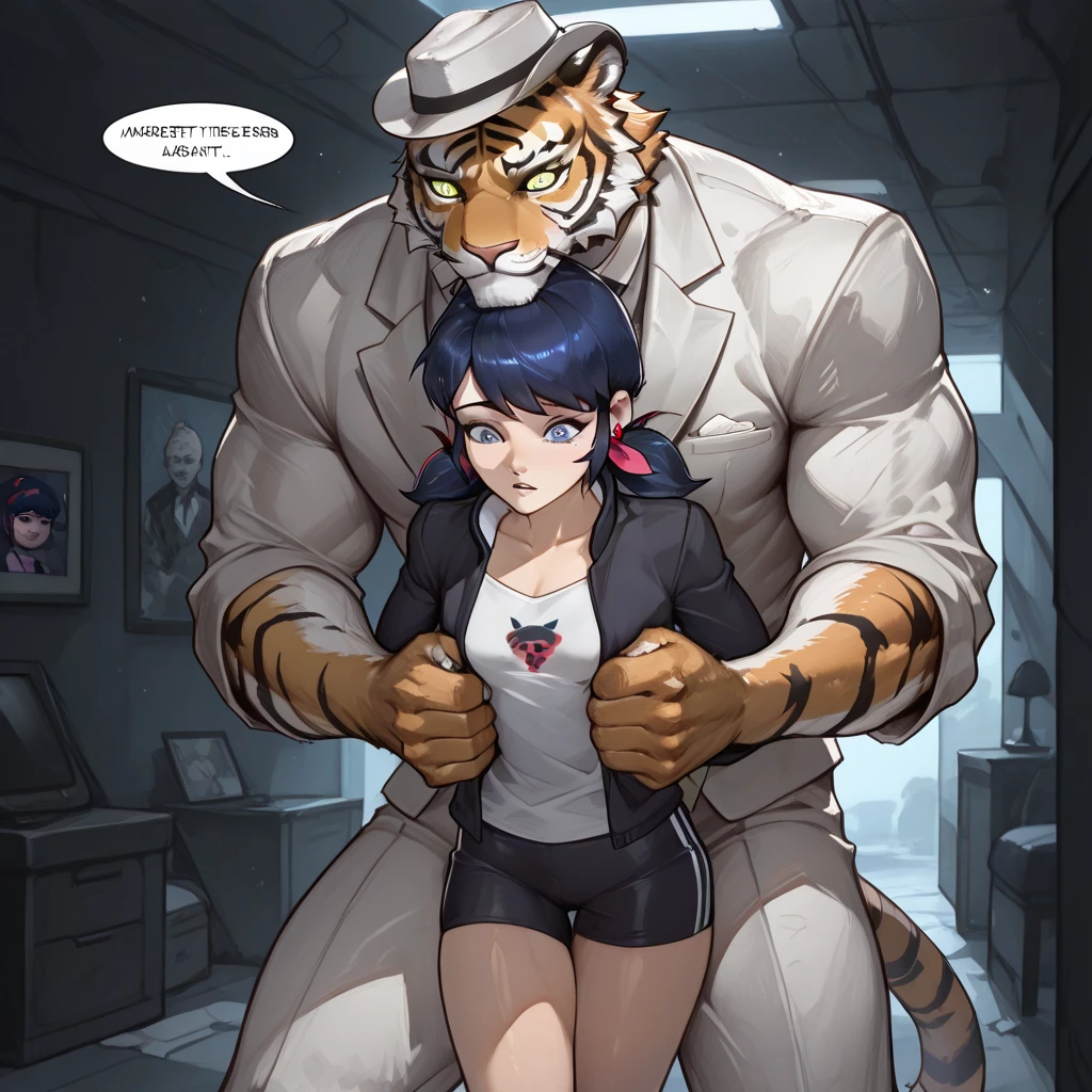 masterpiece, best quality,anime style, 1 girl,(((slender body))), (((small breast))),(((hot pants, white tanktop,red tie,glasses))),(((((a gorilla man grabbing the girl))))), ((((restrained, arms behind back)))),((((cum)))), (beautiful face), (((short hair))), (((straight hair))), ((((black hair)))),detailed beautiful skin, (perfect hands, perfect anatomy)