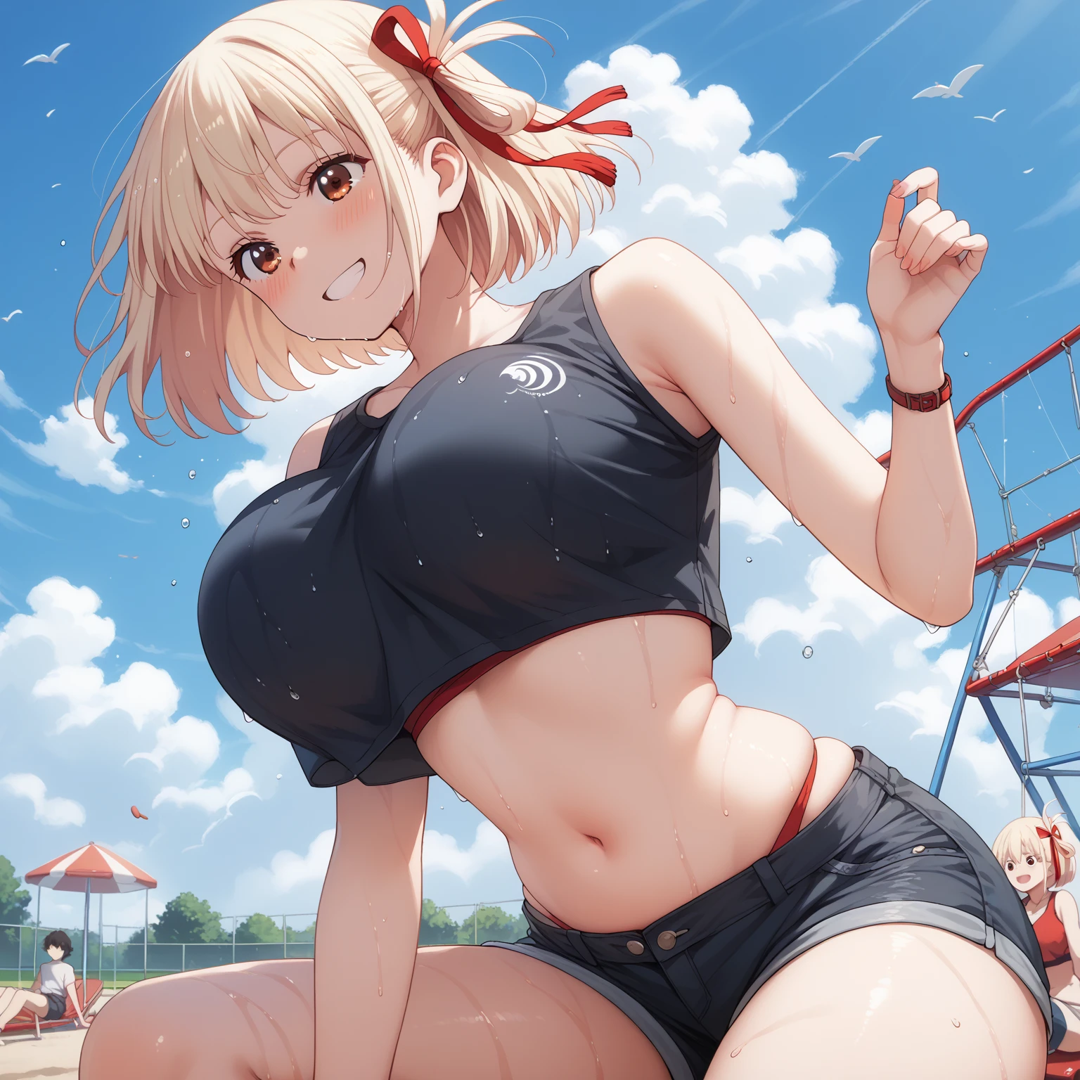 top-quality、in 8K、32K、masterpiece、nffsw、超A high resolution、Impresionismo、Photorealsitic、Long jump、touchdown、perspiring、foco nítido、detailed faces and eyes、athletic field、Evening glow、beauitful face、blurry backround、Sharp pupils、Realistic pupils、beauitful face、blurry backround、18 year old beautiful girl、shinny skin、short-hair、Platinum blonde beautiful hair、Red Eyes、long jump、sandpit:1.3、thighs thighs thighs thighs、Curve、Dynamic Poses、Navel Ejection、Powerful composition